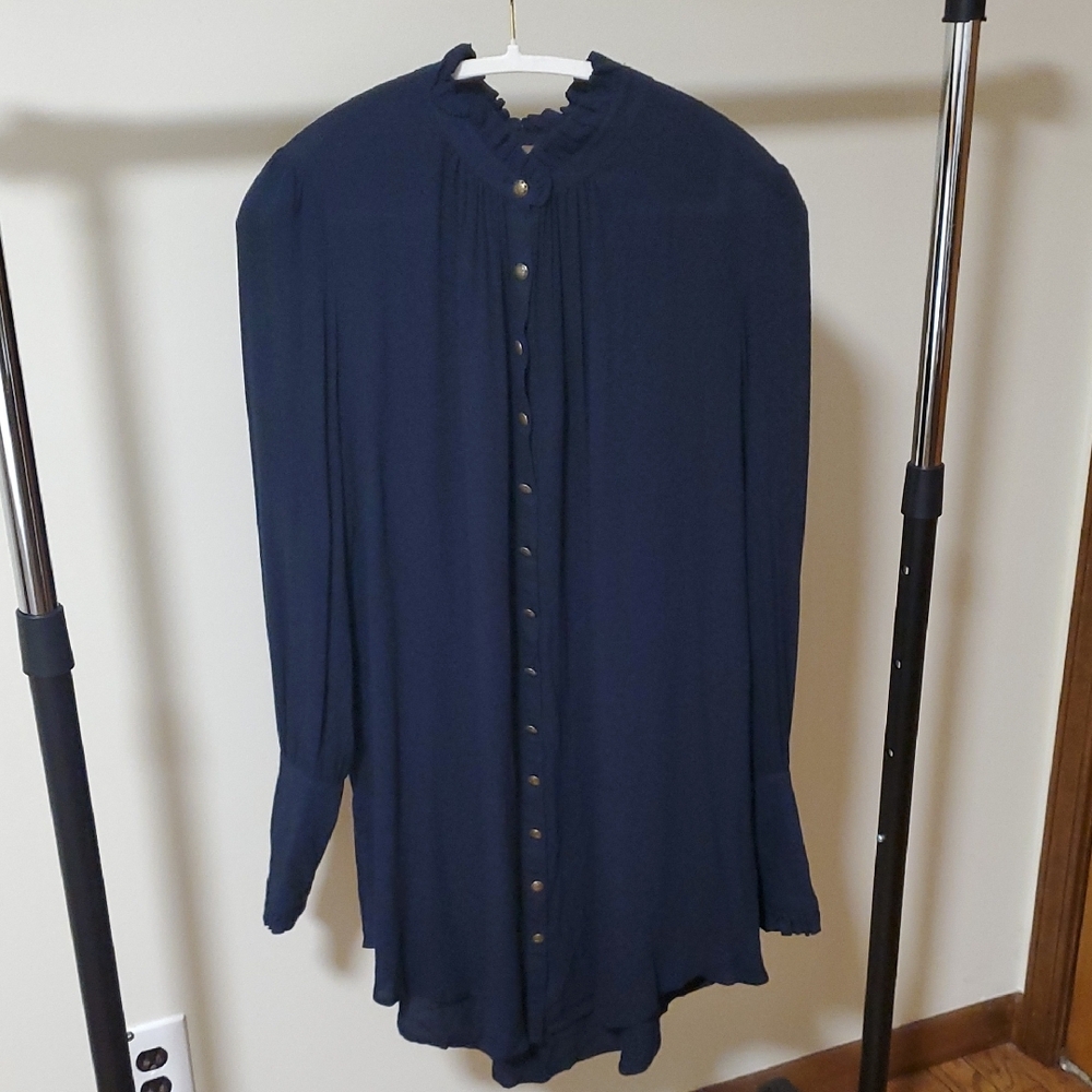 Free People Button-Up Blouse, Sheer, Black, Size S